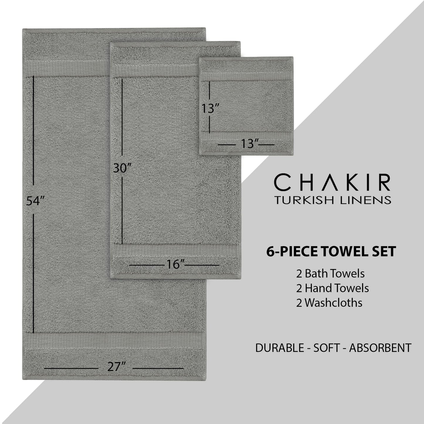 Chakir Turkish Linens Luxury Spa and Hotel Quality Premium Cotton 6-Piece Towel Set (2 x Bath Towels, 2 x Hand Towels, 2 x Washcloths)